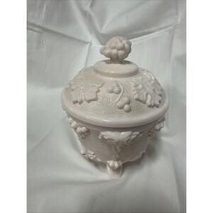 Lovely Jeannette Shell Pink‎ Milk Glass Footed Candy Jar with Lid Grape Pattern